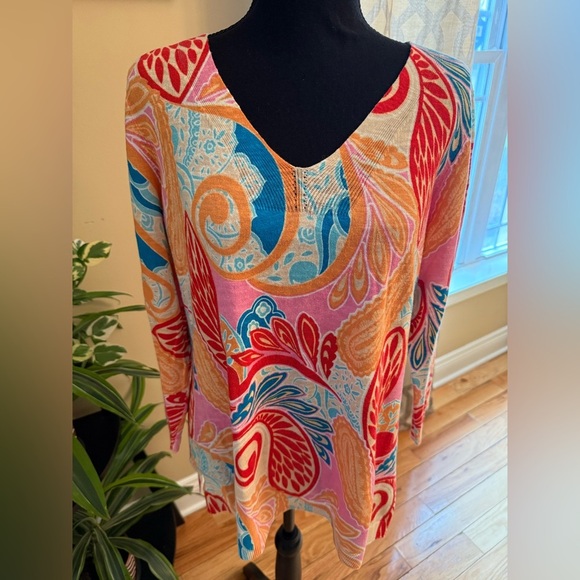 Talbots Sweater Women’s Size L Multicolor Floral Tropical Preppy 100% Cotton - Picture 1 of 9